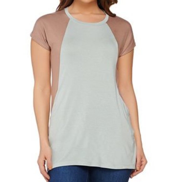 LOGO lori goldstein womens color block knit stretch top brown mint 3X pockets - Picture 1 of 9